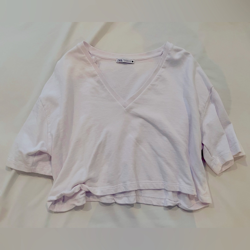 Zara Women's White V-Neck Cropped Top size medium